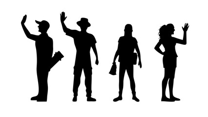 Fototapeta premium Silhouettes of People Waving Hello and Goodbye PNG Transparent Background