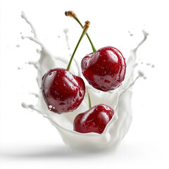 Cherry is falling into milk. Splash isolated on white background