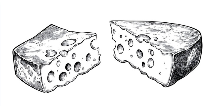 Two black dice are isolated on a white background next to a delicious piece of gourmet blue cheese mold