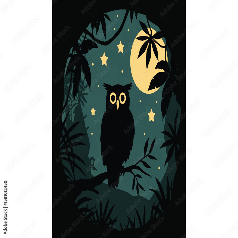 Poster owl in forest at night illustration vector design for print and digital use stock image and backgrou