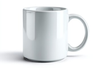 Minimalist white ceramic mug with handle isolated on a light background.