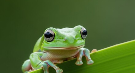 Green Tree Frog Perched on Bright Green Leaf Wildlife Nature Photography
