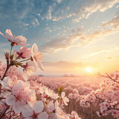 Blooming almond orchard at sunrise with soft pink flowers and golden sky