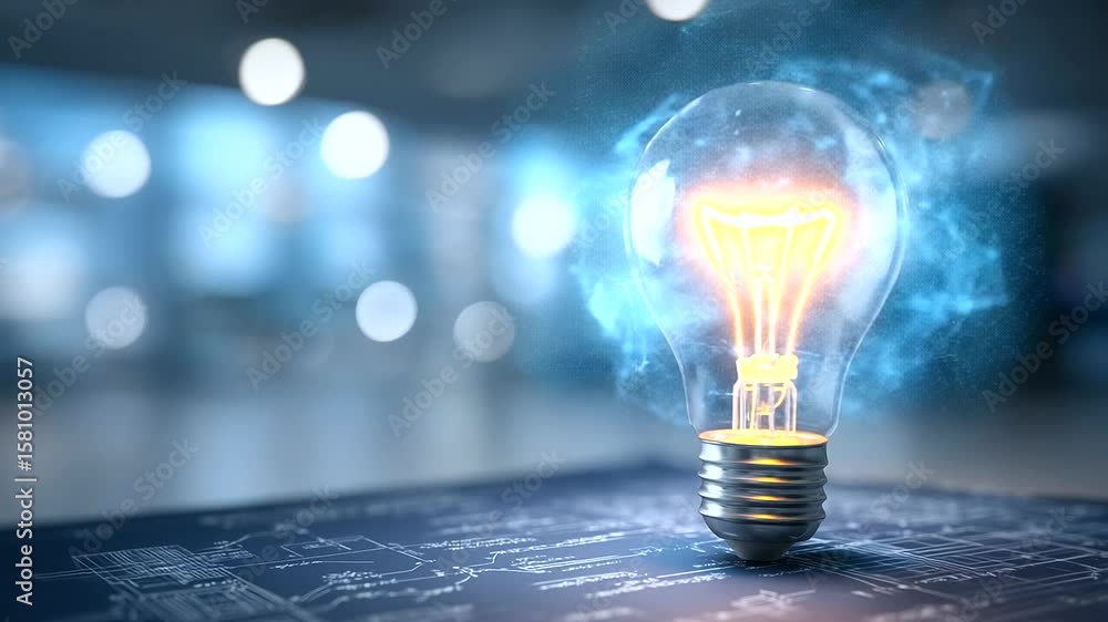 Aufkleber close-up of a luminous filament light bulb casting soft light onto a complex blueprint with mechanic