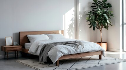 Obraz premium Modern Minimalist Bedroom with Wooden Furniture and Natural Light