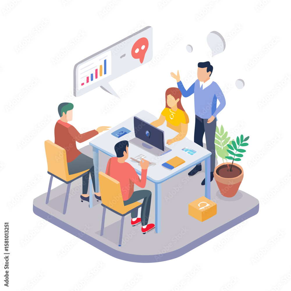 Poster isometric office team meeting with data analysis and brainstorming
