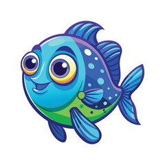 Fototapeta premium Cheerful blue green fish with big eyes swimming cartoon illustration