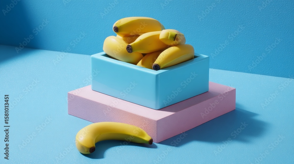 Poster bananas arranged on colorful geometric pedestal blocks with minimal modern abstract background