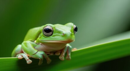 Fototapeta premium Green Tree Frog Perched on Lush Green Leaf Wildlife Nature Photography