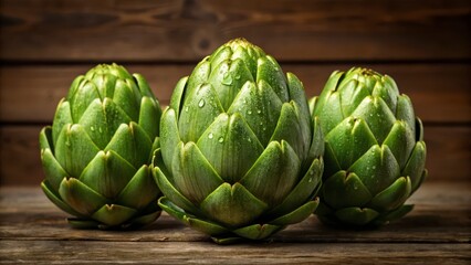 Obraz premium Three Fresh Green Artichokes with Water Droplets on Wooden Surface Highlighting Organic Farming and Culinary Use