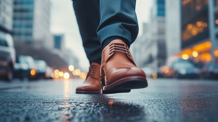 Fototapeta premium Close-up of man's brown leather shoes walking on city street.
