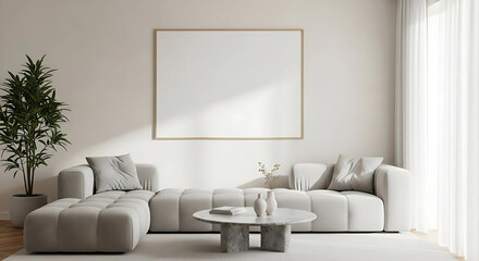 A modern living room interior with a white sofa, blank frame, and a large window