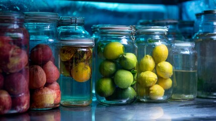Glass jars filled with lemons and fruits in fridge for food storage and kitchen organization