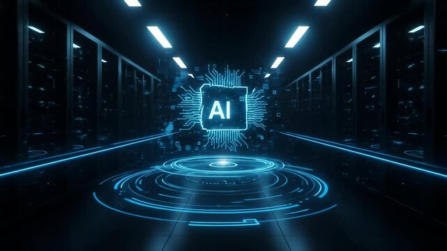 AI processor illuminating a futuristic data center server room with advanced computing and digital technology.