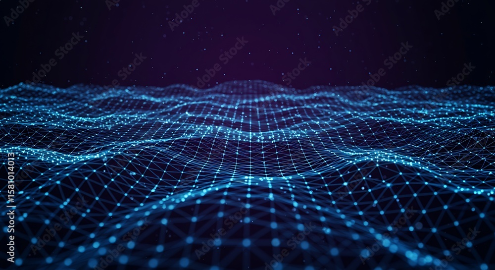 Poster abstract blue network grid with glowing dots on dark background