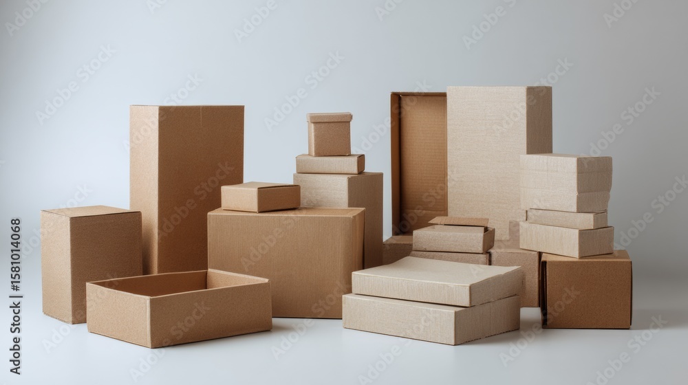 Poster stacked cardboard boxes in minimalist setting with neutral background