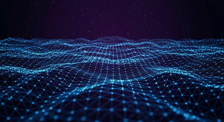 Abstract blue network grid with glowing dots on dark background