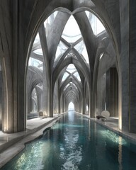 Serene indoor pool in a modern architectural marvel. Gray concrete arches frame a tranquil teal pool, creating an oasis of calm.