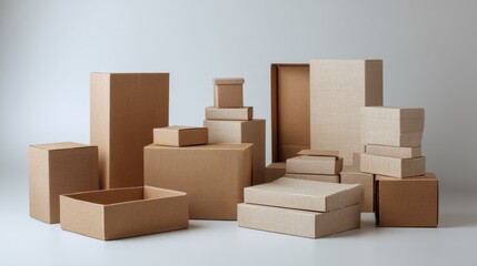 Stacked cardboard boxes in minimalist setting with neutral background