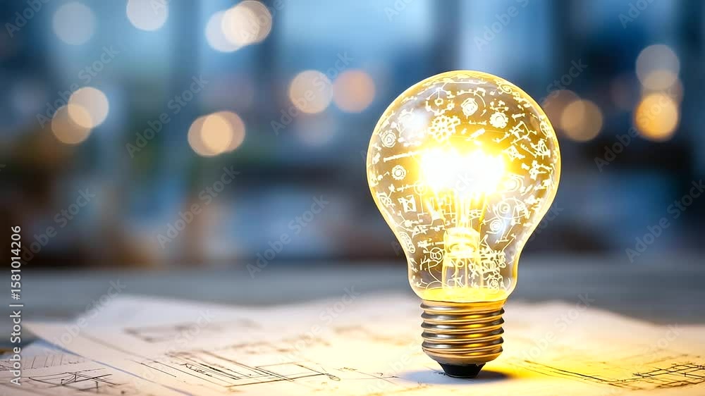 Poster bright filament bulb glowing intensely on an aged blueprint strewn with engineering sketches and not