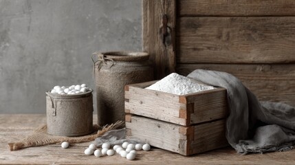 Rustic kitchen scene with flour in wooden crate and sack