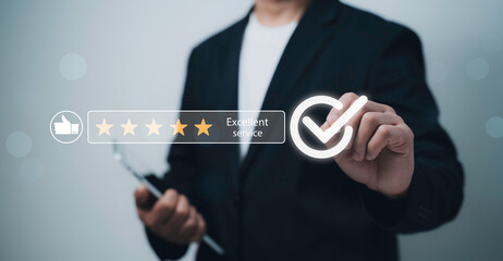 Businessman giving five-star review with excellent service rating using virtual feedback system showing customer satisfaction approval quality assurance and positive user experience
