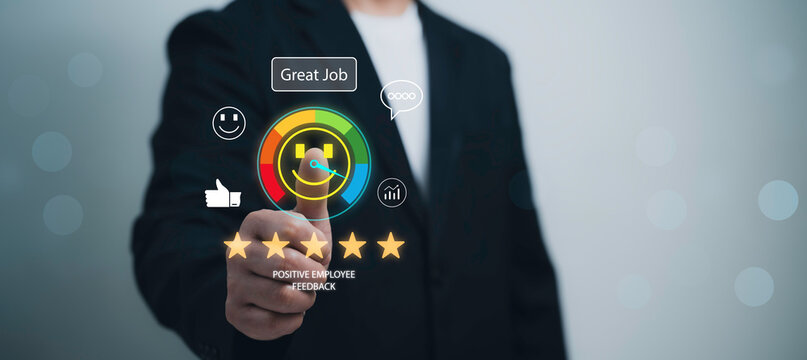 Businessman pressing smiley rating scale with five-star feedback positive employee review performance evaluation great job recognition in digital workplace environment