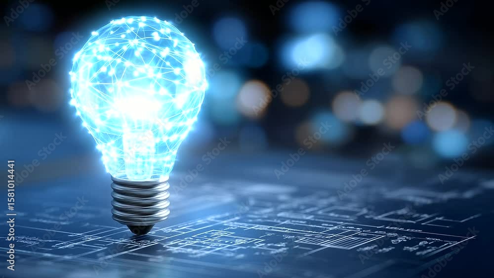 Poster a glowing light bulb emitting radiant light onto a blueprint filled with conceptual product sketches