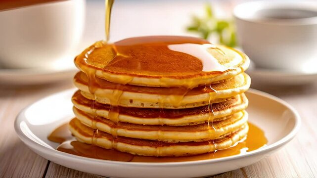 Golden Syrup Pancakes: A stack of fluffy pancakes drizzled with golden syrup, creating a mouthwatering image perfect for breakfast menus or culinary blogs.