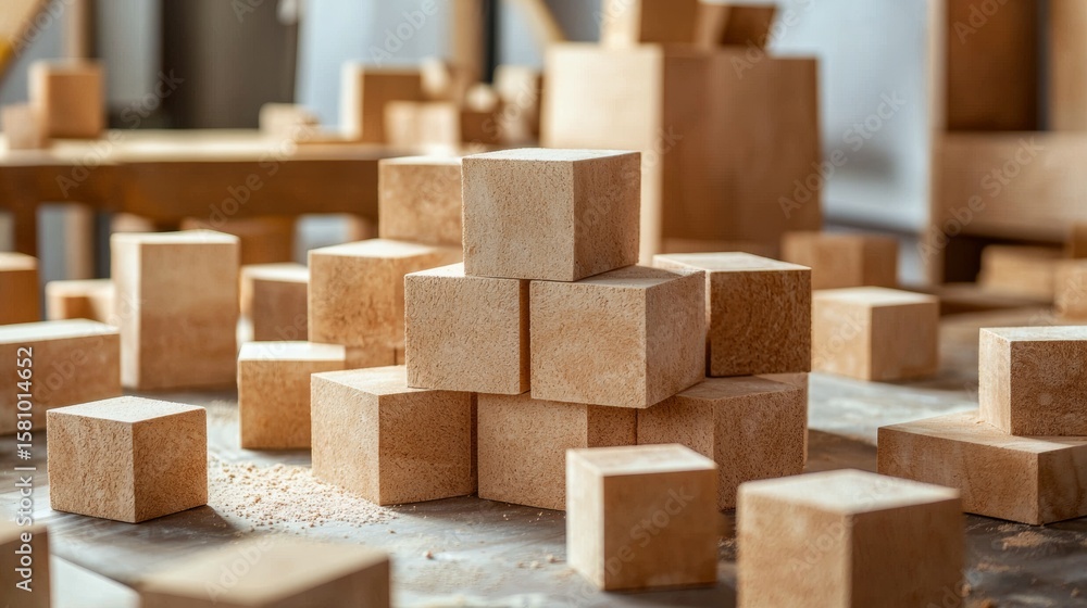 Poster abstract wooden cubes stacked in geometric pattern for modern design and visual texture background