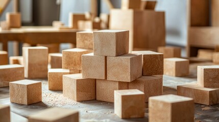 Abstract wooden cubes stacked in geometric pattern for modern design and visual texture background
