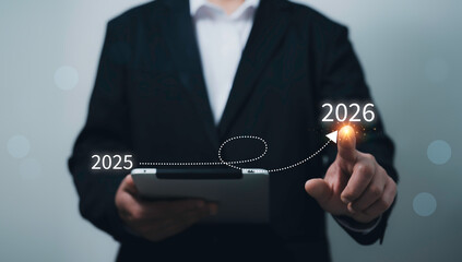 Future business strategy planning concept with transition from 2025 to 2026 using digital path innovation goal setting timeline growth target new year planning vision success