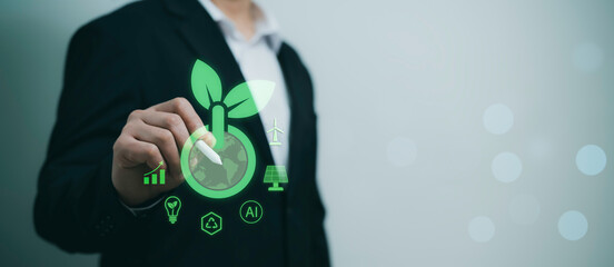 Green business sustainability concept with eco technology renewable energy AI integration solar panel wind power environment protection innovation future growth clean energy