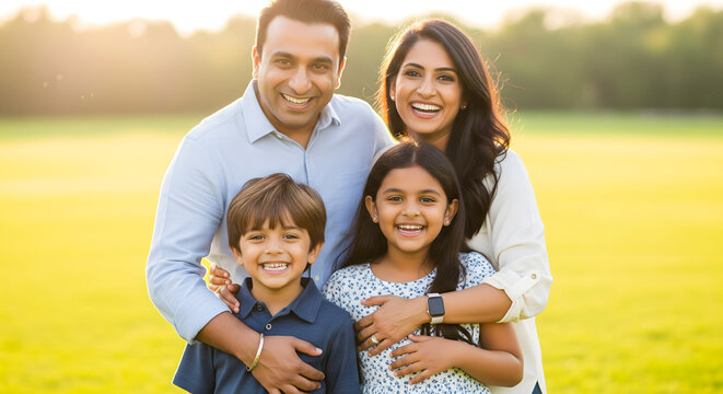 A radiant, happy family of four, including two joyful young children, stands embraced in a sunlit outdoor setting