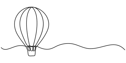  Air Balloon in one continuous line drawing, Minimalist black linear design isolated on white background, concept in simple linear style. Editable stroke. Vector Illustration, Travel flying on. 
