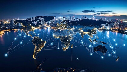 Global network map at night.  World cities