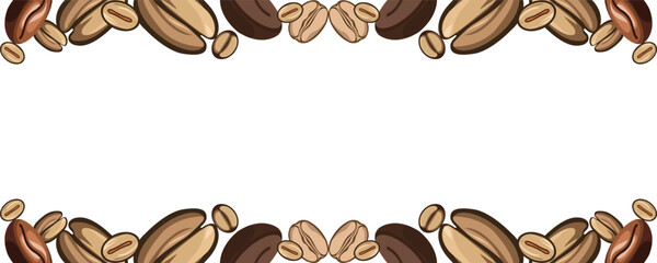 Vector illustration of roasted and raw coffee beans forming a decorative border on the top and bottom of the image, with clean white space in the center for text. Perfect for cafe menus, coffee packag