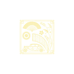 Gold art deco panel and border with ornament on white background