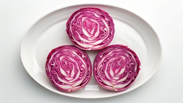 Sliced Red Cabbage Circles Arranged Neatly on a White Plate with Clean Background