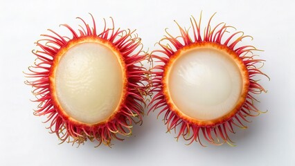 Closeup of Fresh Rambutan Fruit Halved to Showcase Juicy White Flesh Surrounded by Colorful Spiky Skin