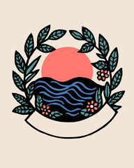 A stylized illustration depicting a sunset over the ocean encircled by a floral wreath and a blank banner Perfect for design projects