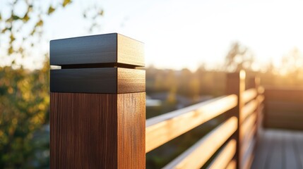 Close-up of a dark brown wooden fence post with a black square cap at sunset.