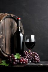 Red wine bottle and glass with grape bunch. A wooden barrel in background. Alcoholic beverage for celebration.