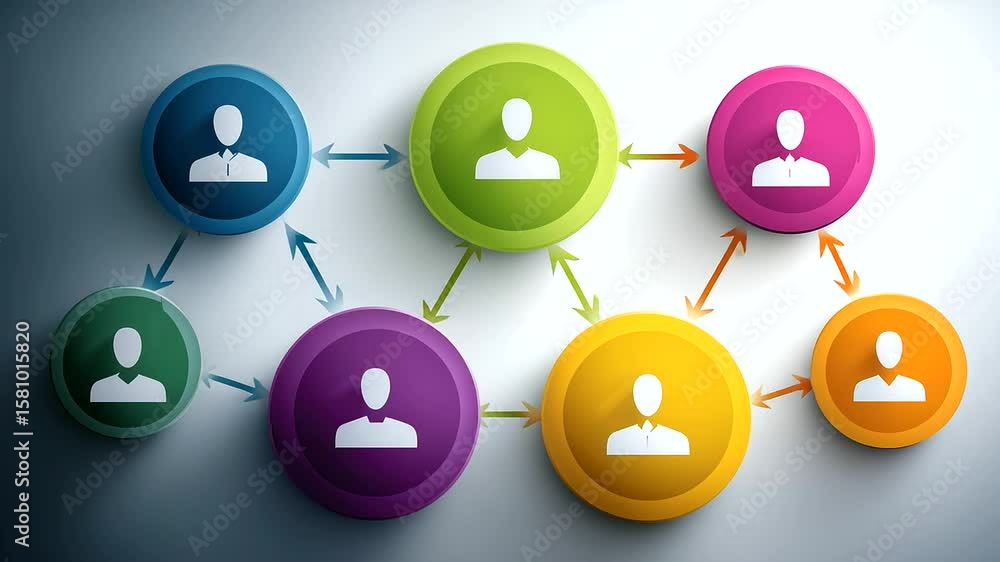 Poster a colorful diagram of company hierarchy with stylized people icons in circular nodes, forming a flow