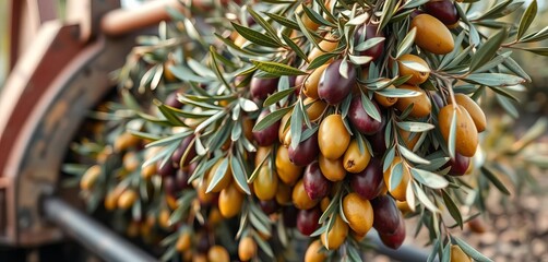 Close-up of olive harvesting machine vibrating branches, autumn, branches