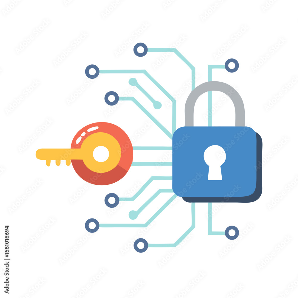 Poster digital security concept with key lock and circuit board