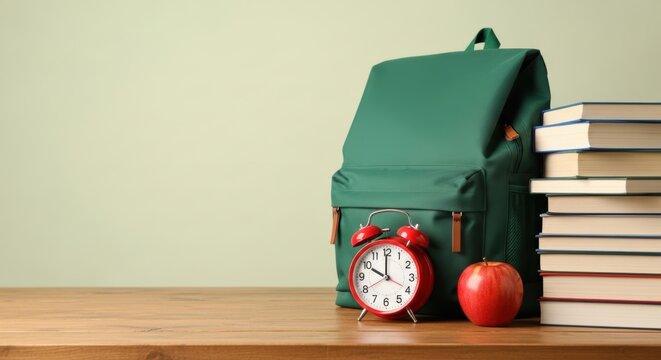 Back to school essentials with green backpack, books, apple, and red alarm clock