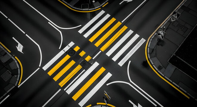 Aerial perspective capturing the intricate patterns of a street intersection, highlighting urban design and pedestrian crossings