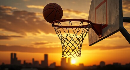 Basketball Hoop with Ball at Sunset Silhouette Over City Skyline