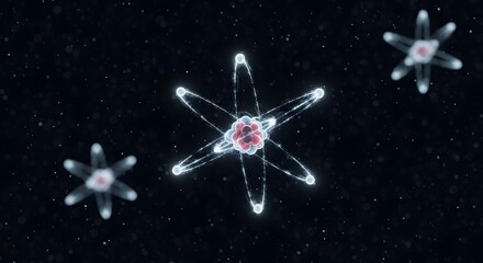 Abstract Scientific Illustration of Atomic Structures with Glowing Electron Orbits in Dark Space